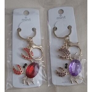 Mint Set of 2 Crab Rhinestone Bag Charms Keychains Red Purple Gold Tone NWT